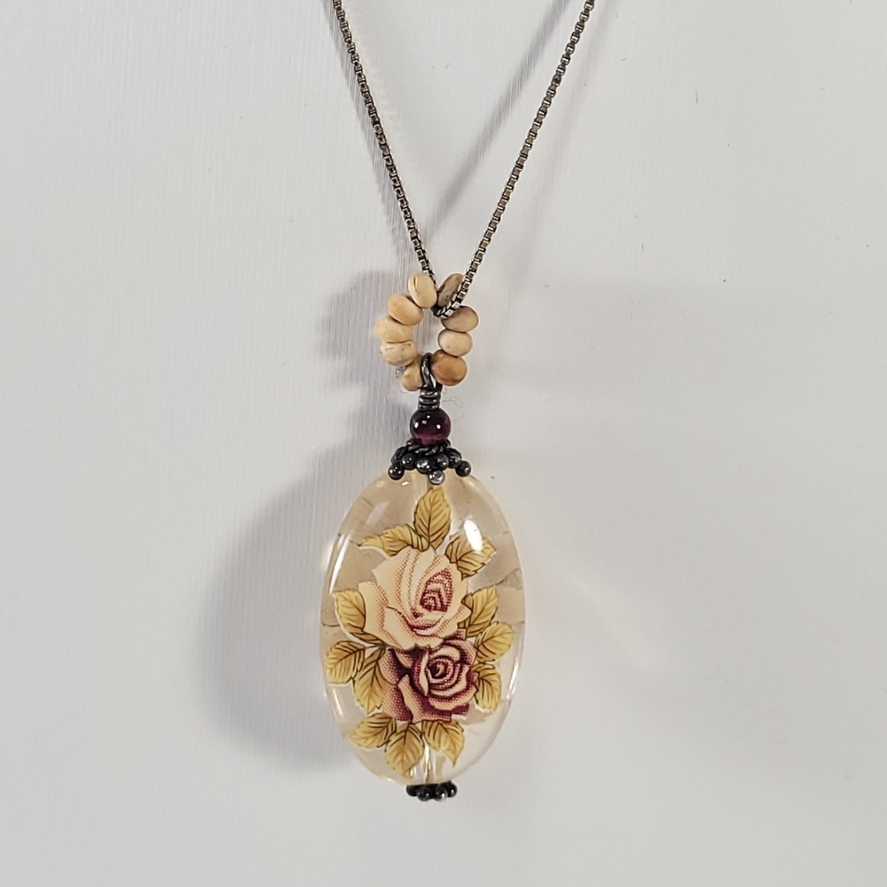 Sterling Silver Rose Pendant Necklace Clear Floral Acrylic Italy 925‎ Chain
